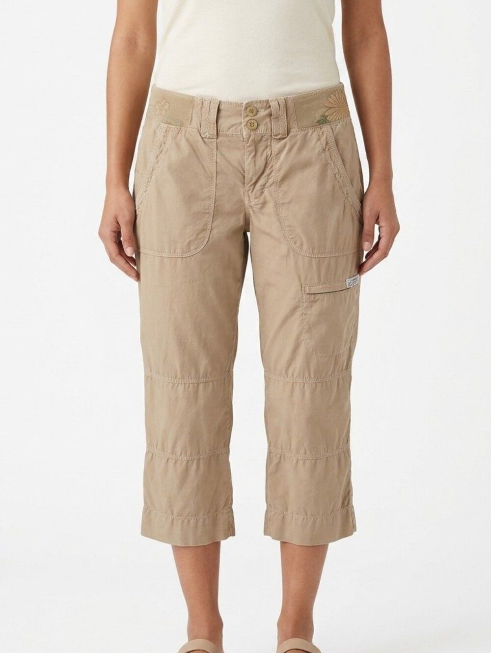 Lucky Brand Tan Tiered Capri Pants 100% Cotton Utility Cropped Trousers Size 4